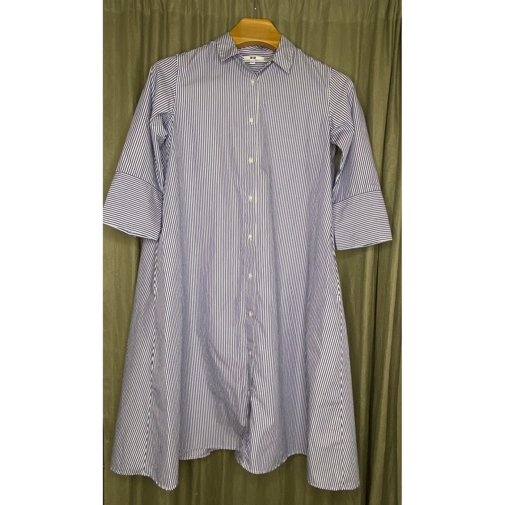 Uniqlo Blue White Stripe Shirt Dress‎ Button Down Midi Length XS